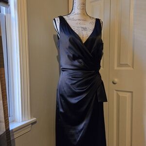 Maggy London Black Satin Wrap-Style Evening Dress